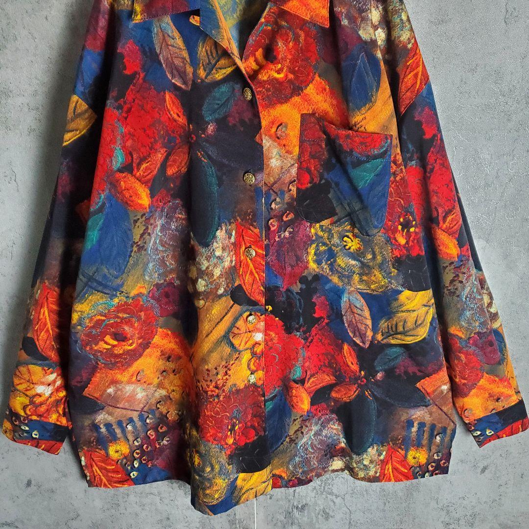【ヴィンテージ】古着 オープンカラー 総柄 花柄 マルチカラー レトロ