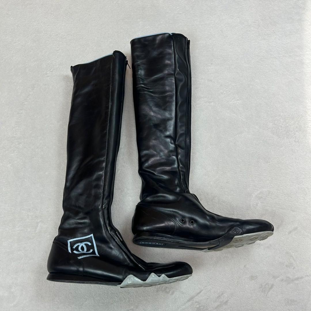 K634 25.0cm シャネル ココマーク 刺繍 ブーツ ブラック レディース
