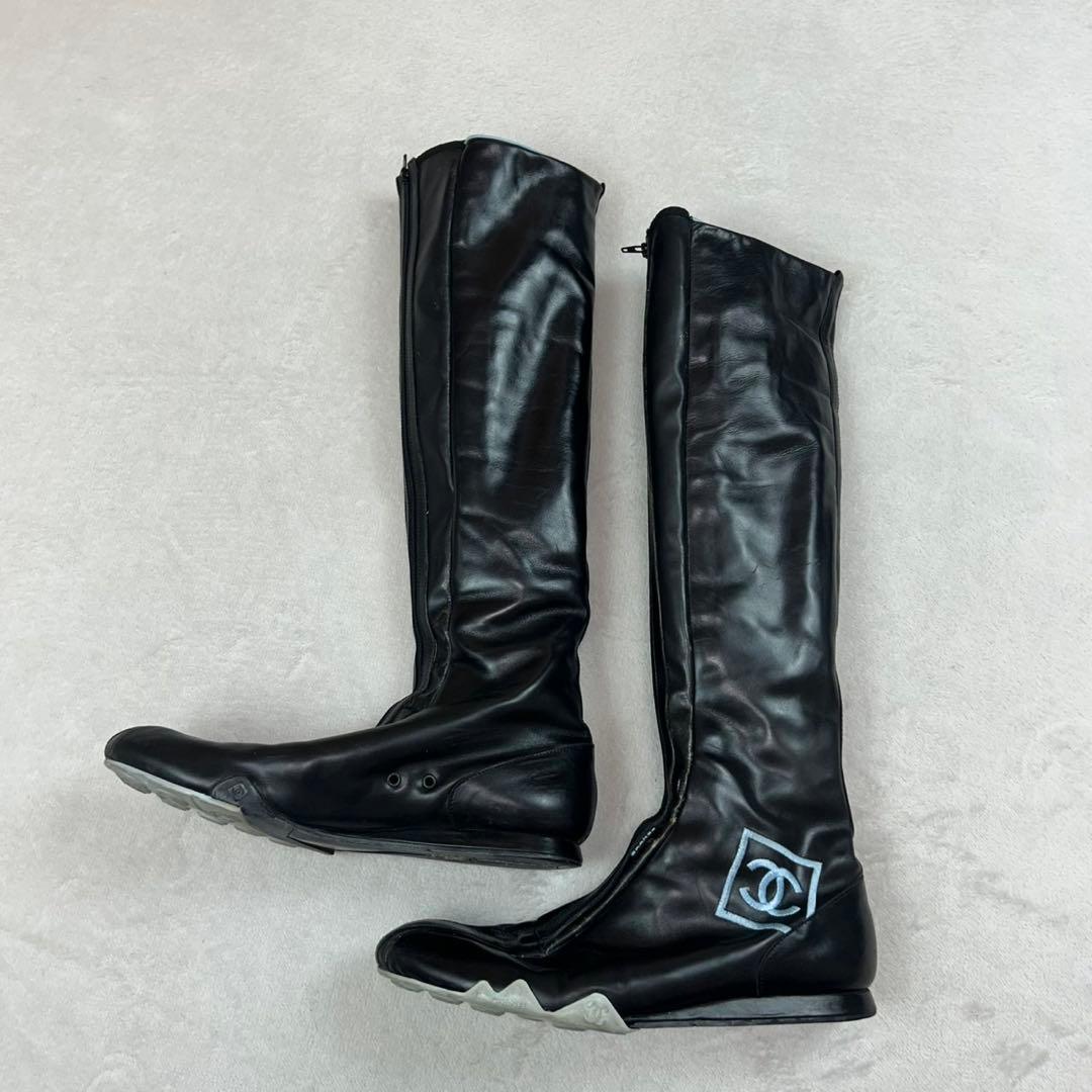 K634 25.0cm シャネル ココマーク 刺繍 ブーツ ブラック レディース