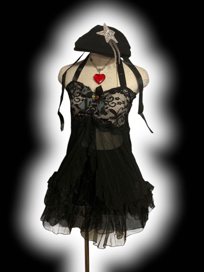 レア00s薔薇黒ゴシックレース姫ギャルy2kフェアリーグランジキャミランジェリー