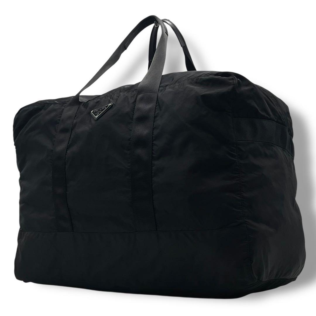 【美品✨】プラダ 三角ロゴ ボストンバッグ 大容量 プレート 旅行 白タグ 黒
