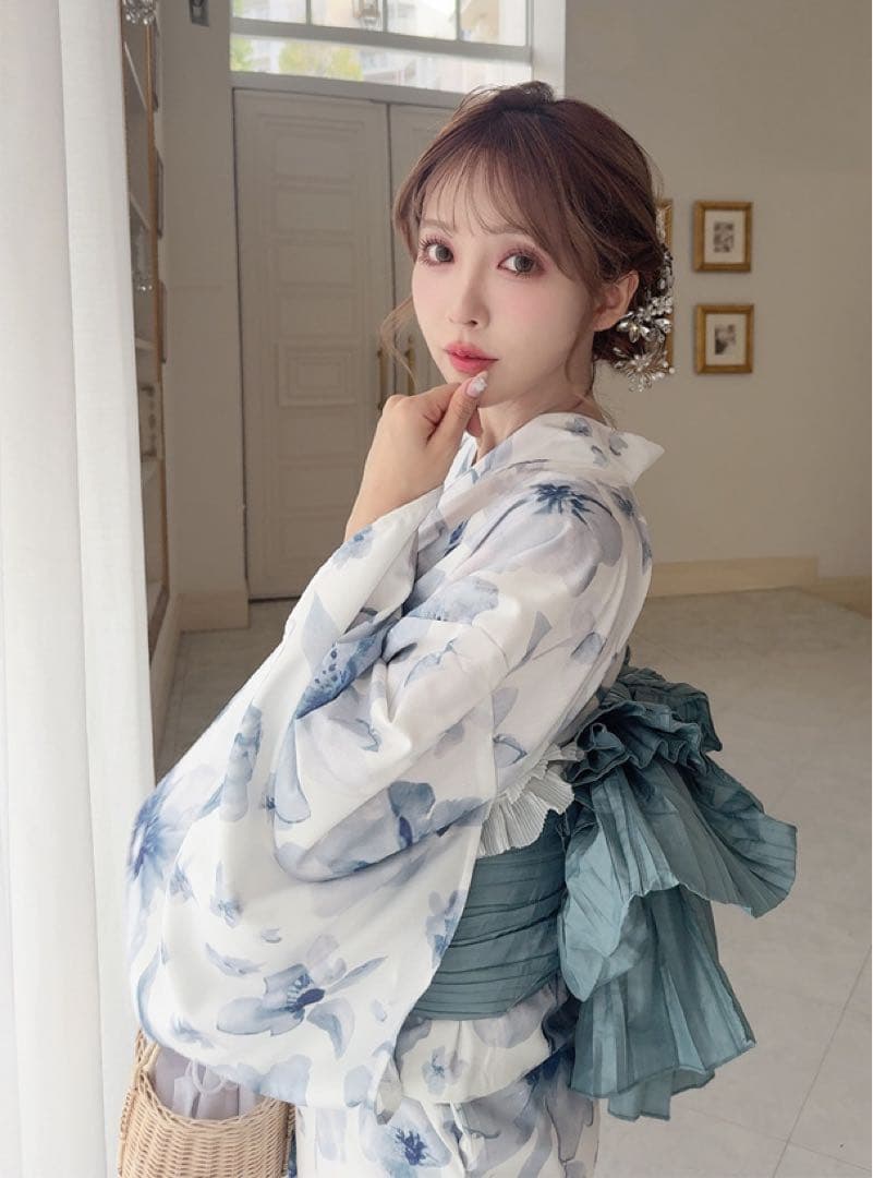 お買い得‼️5点セット2Way水彩花柄浴衣セット　浴衣　お祭り　水色白色