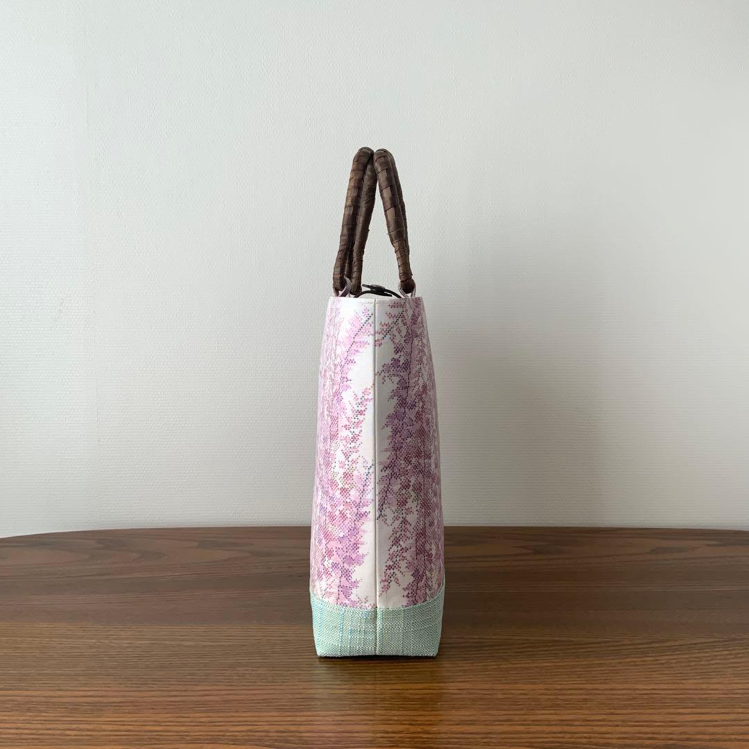 大島紬　満開の藤の花　リメイク　胡桃皮ハンドルバッグ