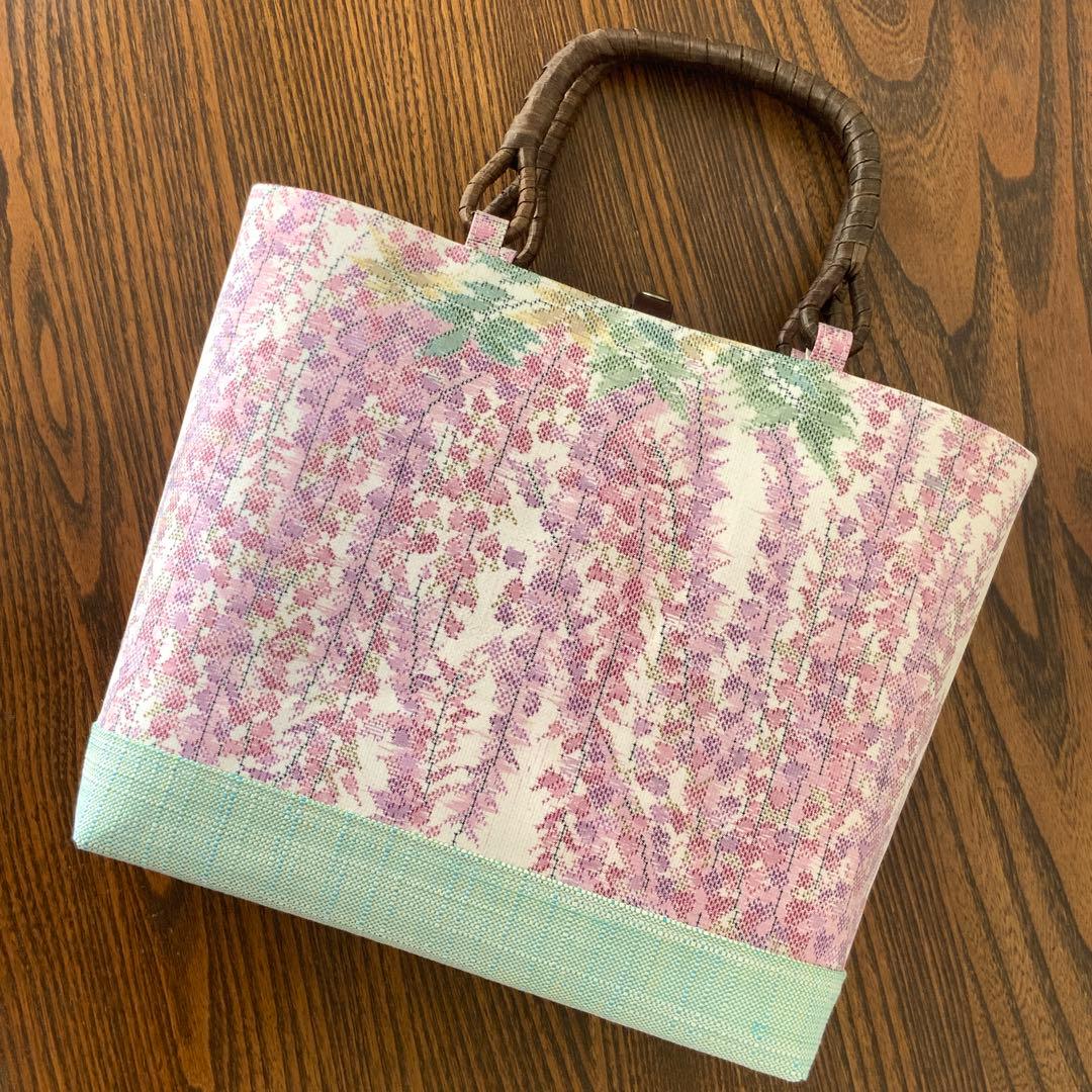 大島紬　満開の藤の花　リメイク　胡桃皮ハンドルバッグ