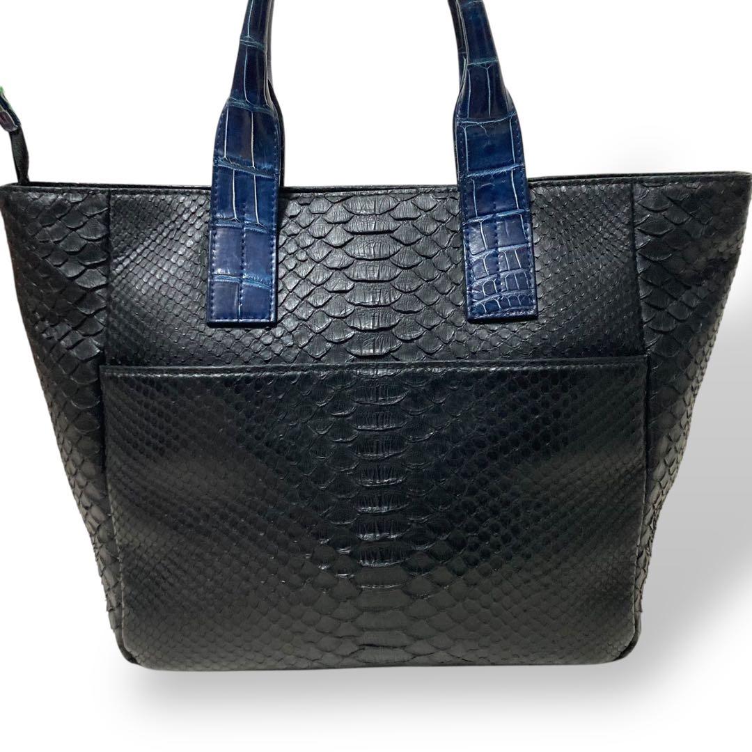 【美品】池田工芸　藍染めクロコダイル×純黒パイソン　おまかせ仕立て　ゴルフトート