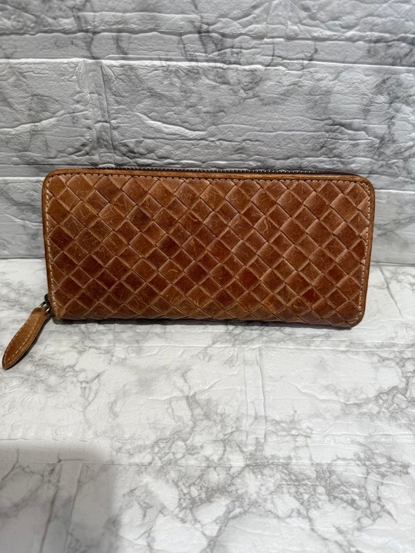 ブライドルレザー イントレチャート 編み込み メンズ 長財布 ラウンドファスナー