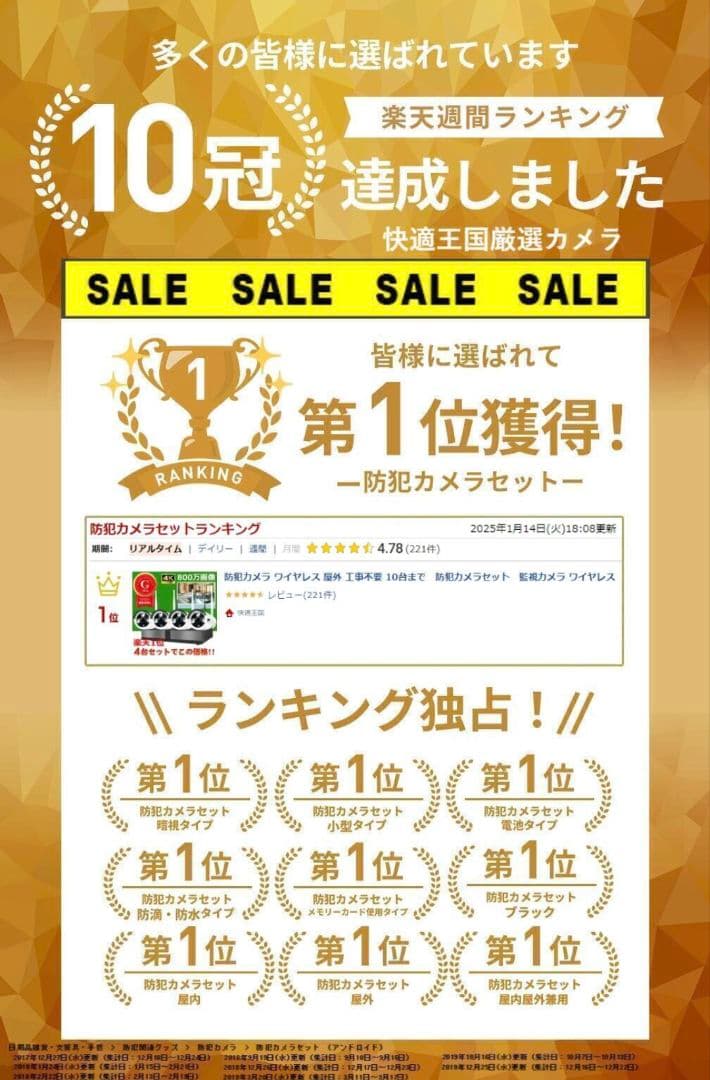 JKS 830万画素 4K ULTRA HD 防犯カメラ（4台＋1台予備用）