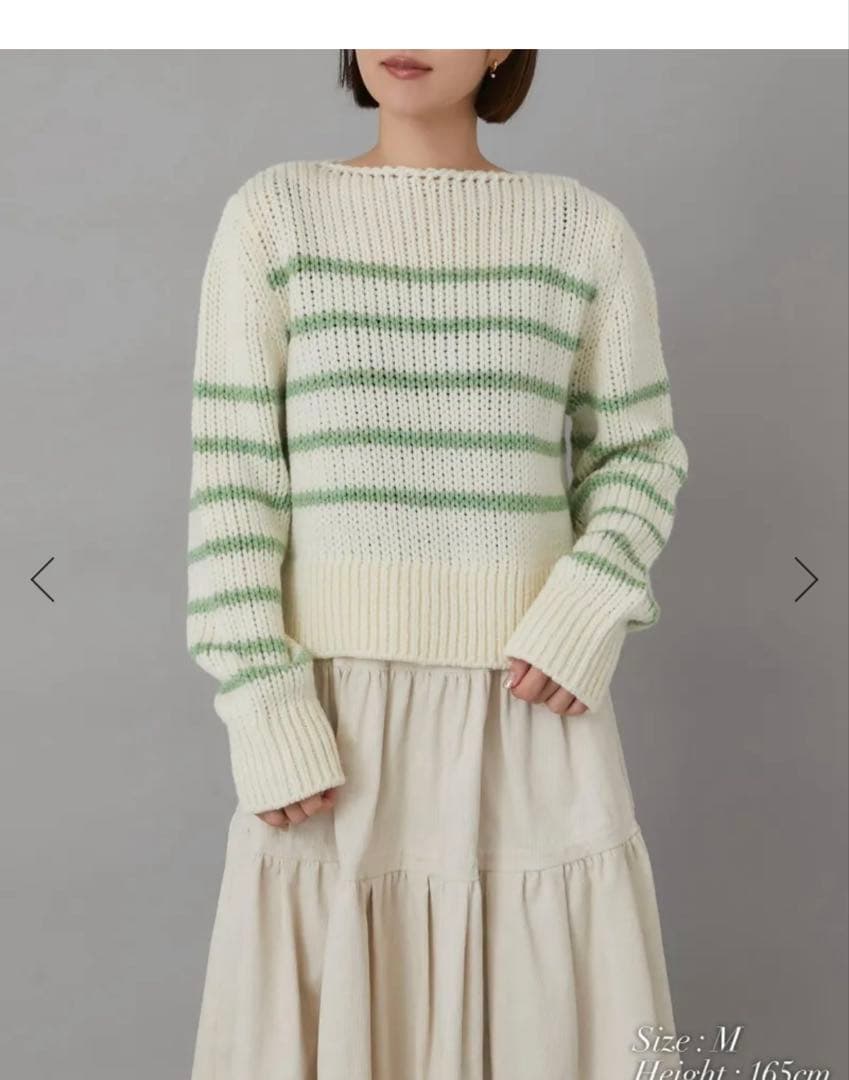 【美品】SEVEN TENローゲージコンパクトニットオフホワイト×グリーンS