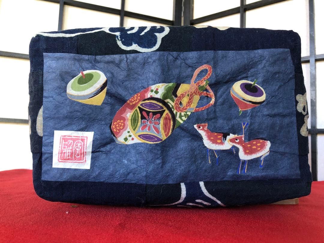 一閑張り　一閑張りバック　　　　藍染 筒がき　正絹古布　犬張子　狛犬