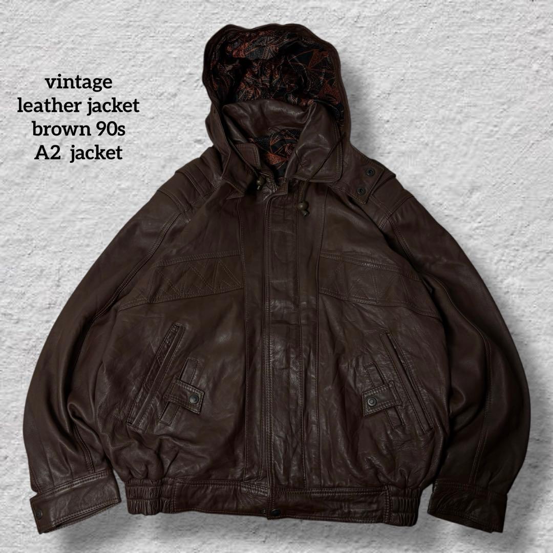 N vintageレザージャケット90sブラウン本革A2ジャケット短丈古着
