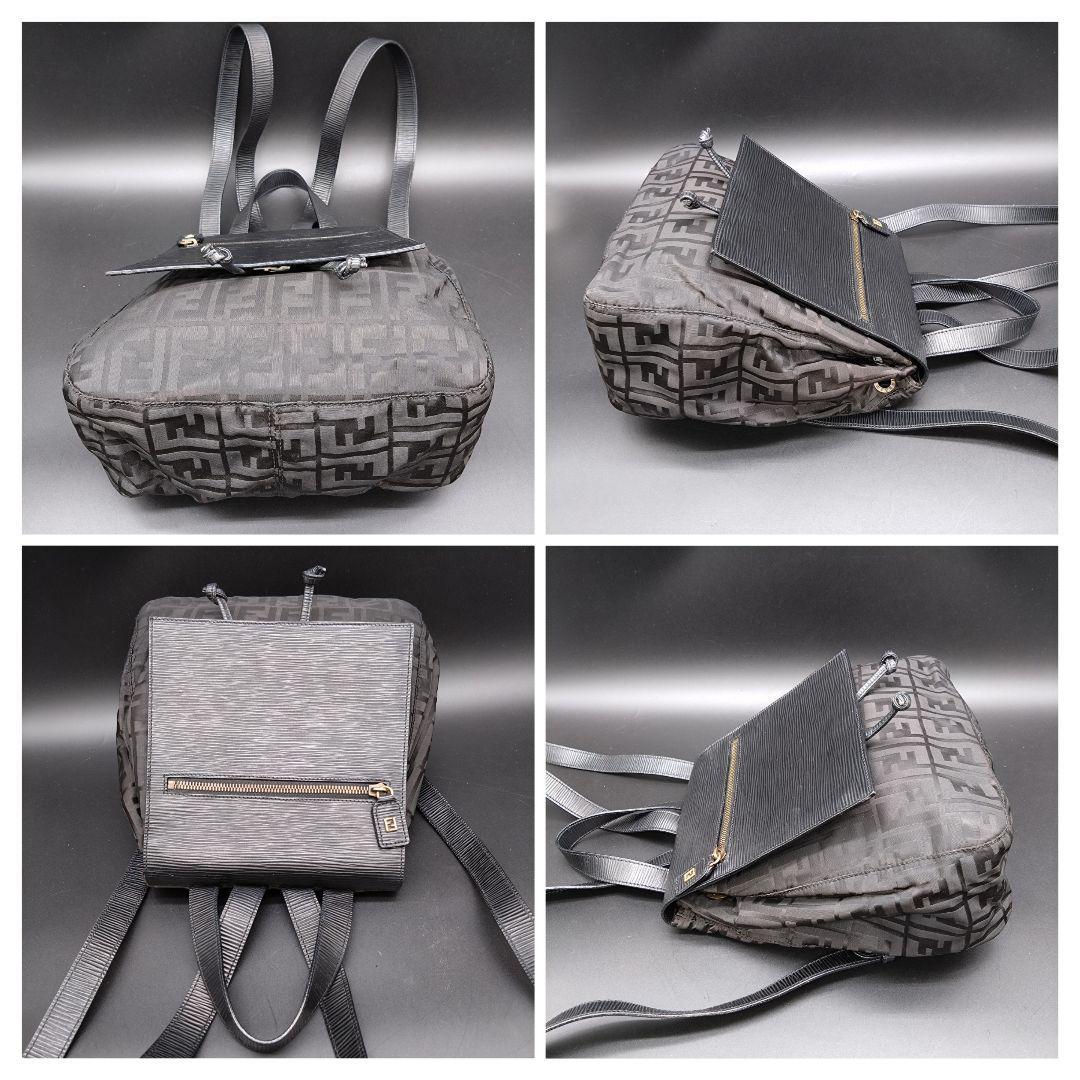 FENDI リュックサック ズッカ柄 肩掛け ナイロン レザー ブラック