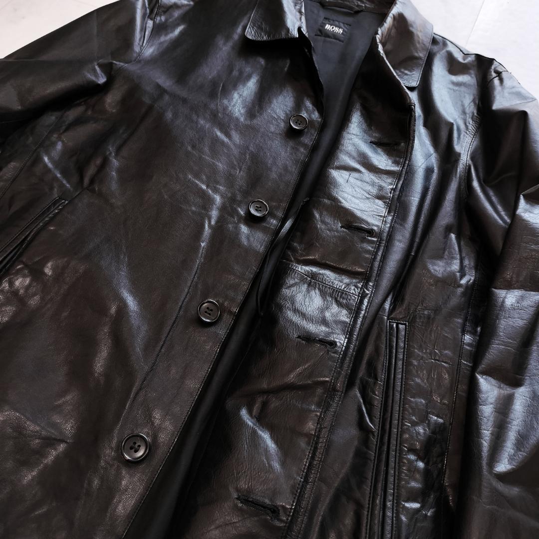 BOSS ヒューゴボス レザーカーコート 48 カーフスキン ザージャケット 黒