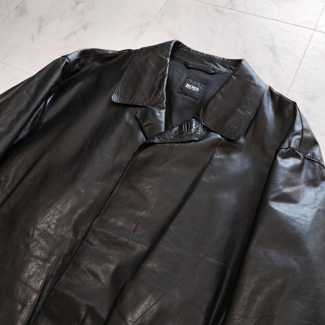 BOSS ヒューゴボス レザーカーコート 48 カーフスキン ザージャケット 黒