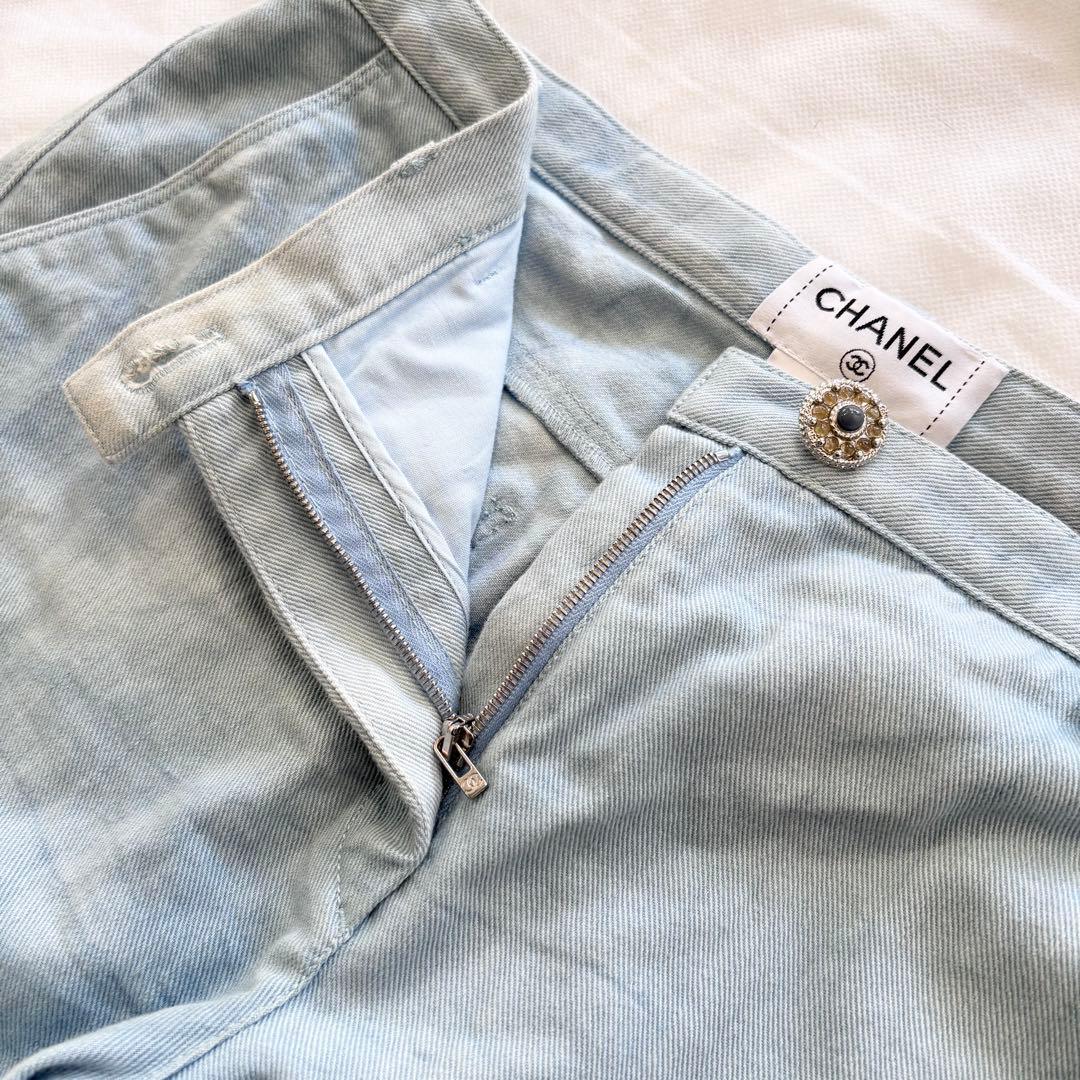 CHANEL デニムパンツ ラインストーン装飾 ココマーク グリポアボタン 40
