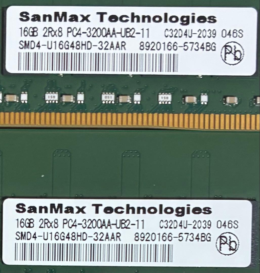 【中古】DDR4-3200 32GB(16GB×2枚) Sanmax
