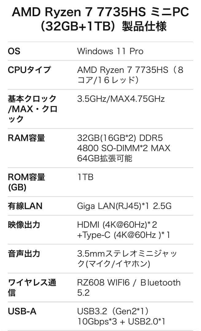 ミニPC NucBox K2, Ryzen 7 7735HS, 32GB, 1TB