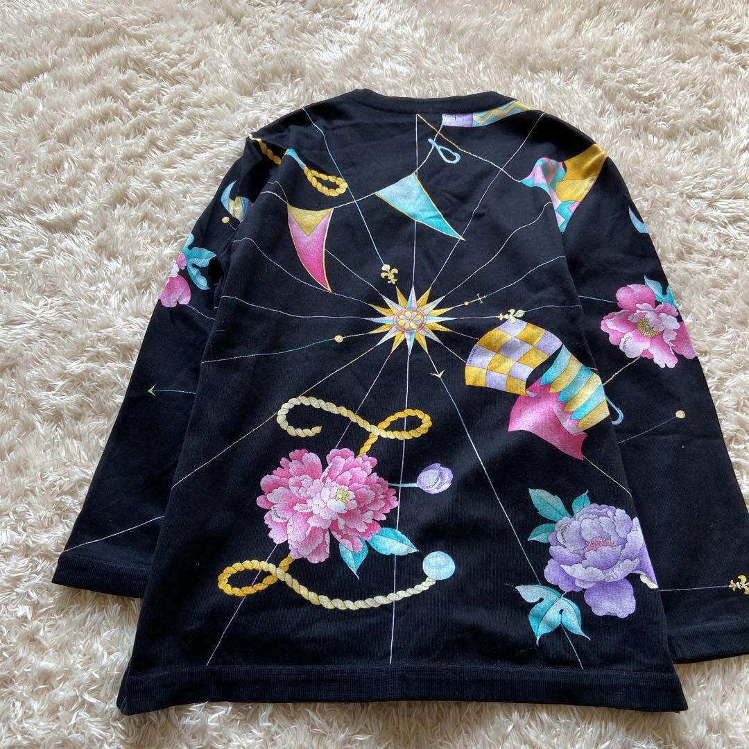 美品　レオナール　花柄ニットカーディガン　ブラック　綿　M 金ボタン　フラワー