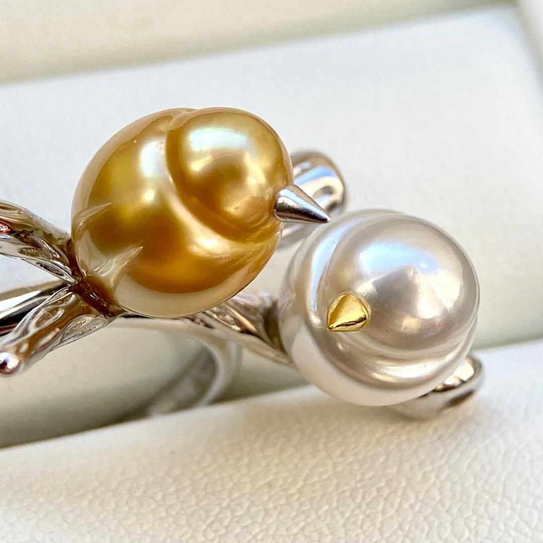 本真珠南洋白蝶真珠　茶金とホワイト「鳥と枝」s925リングY1027