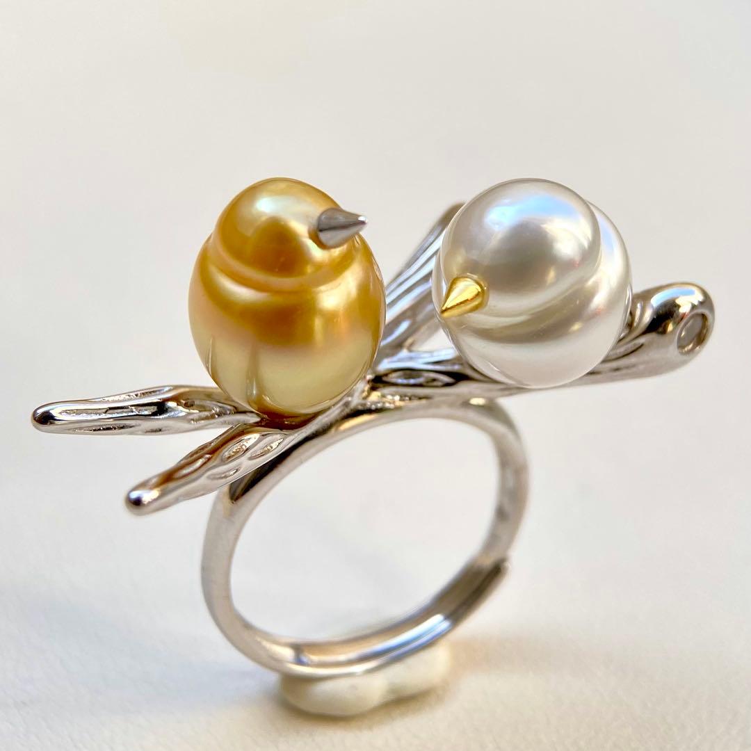 本真珠南洋白蝶真珠　茶金とホワイト「鳥と枝」s925リングY1027