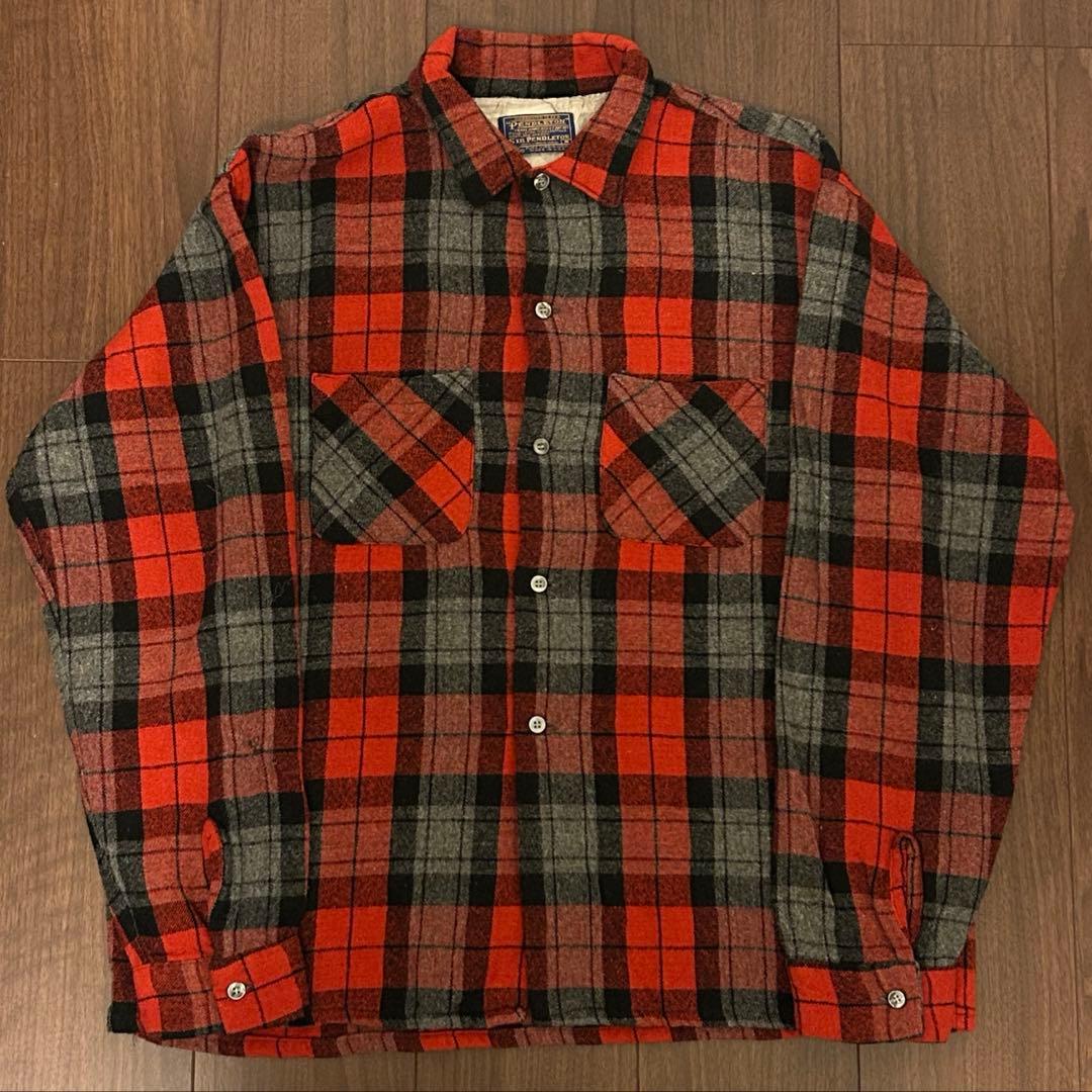 好配色　PENDLETON ペンドルトン　ネルシャツ　赤×灰色　短丈　70s
