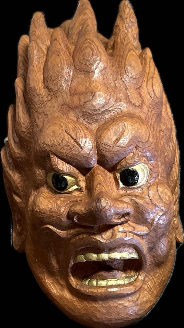木彫り手彫り　肥松　風神雷神　怒り面