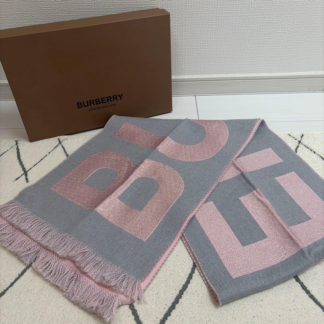 BURBERRY ロゴ入りマフラー グレー/ピンク