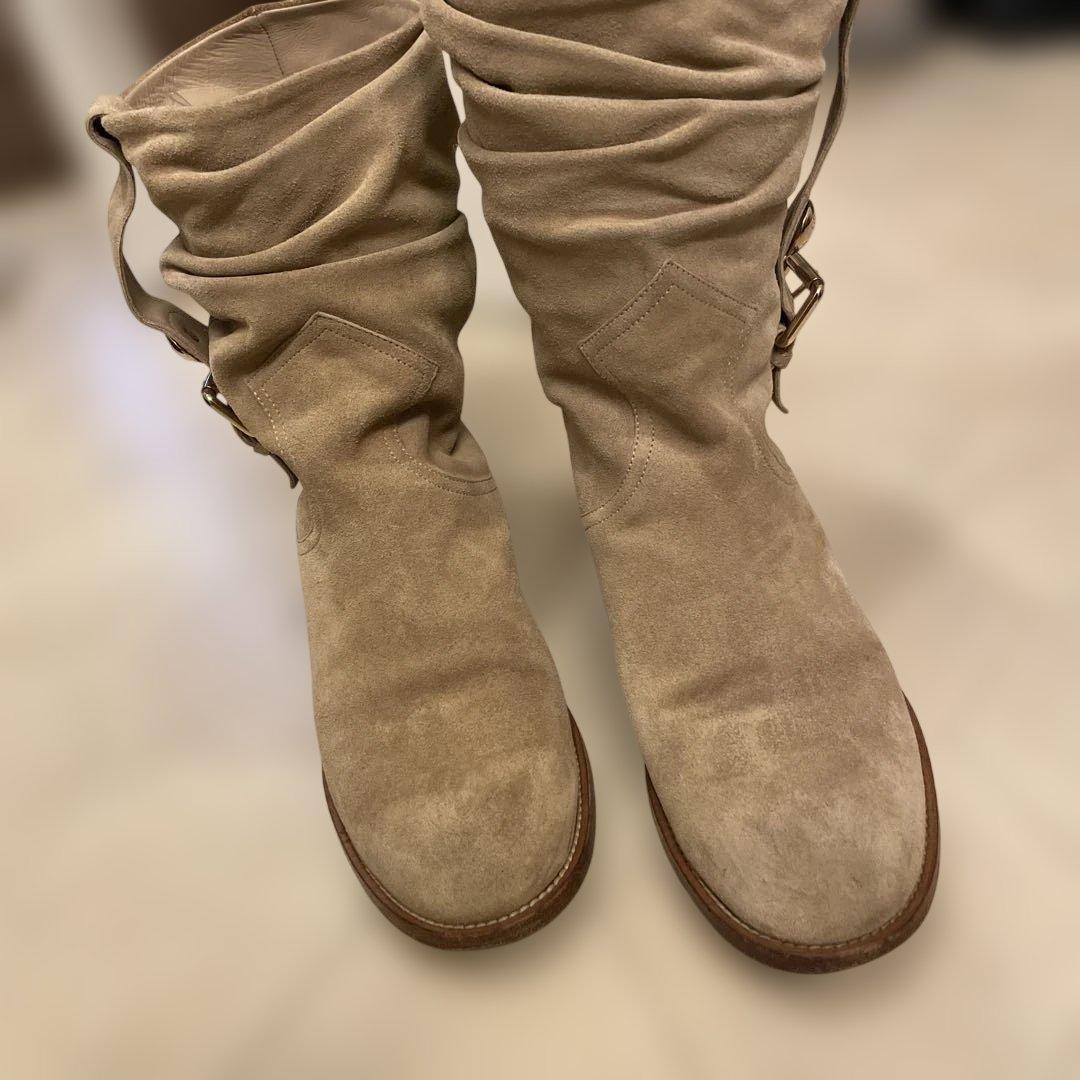 ベージュ スエード ロールトップブーツ