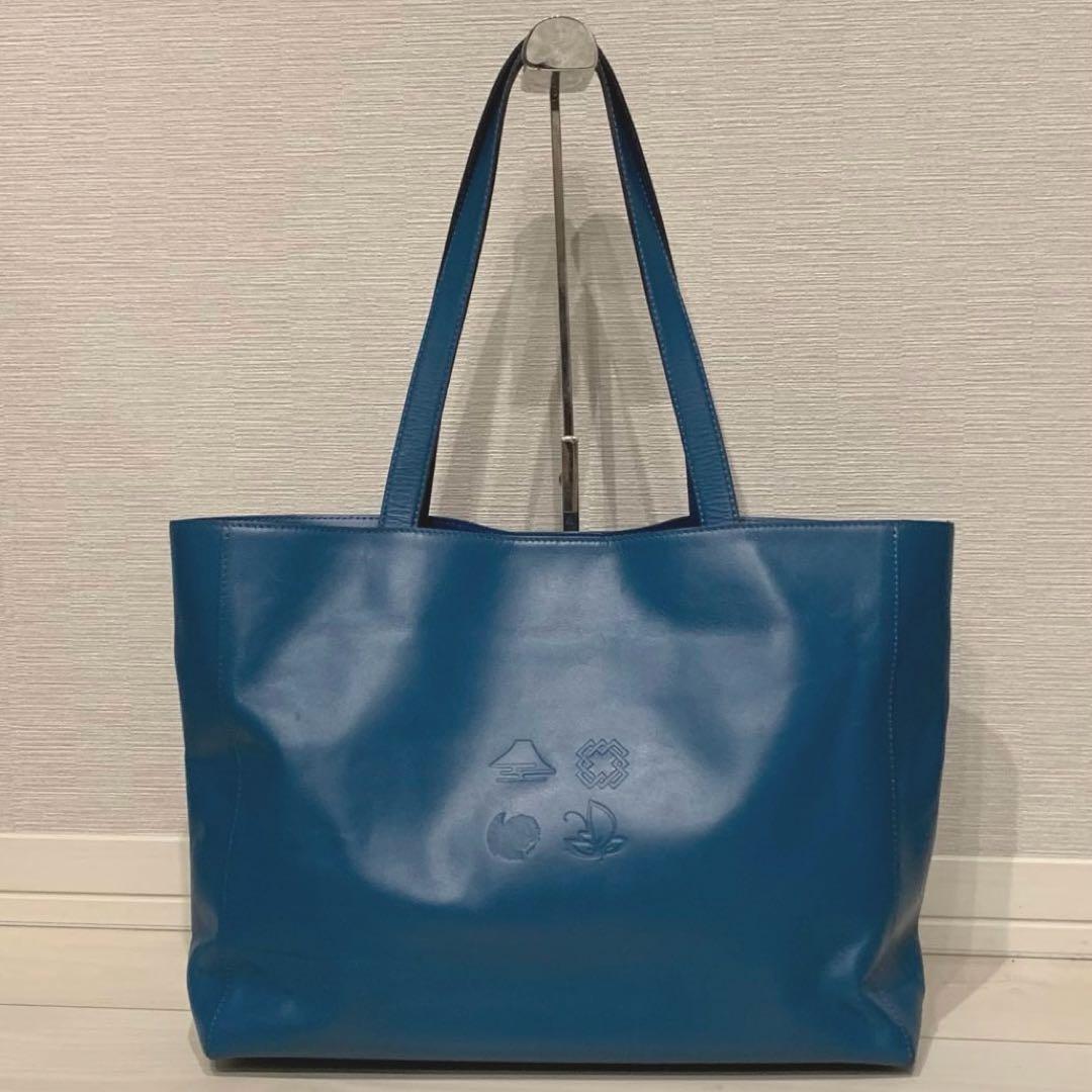 美品✨フジタカ ショッパー トートバッグ レザーロゴ型押し A4可 ブルー