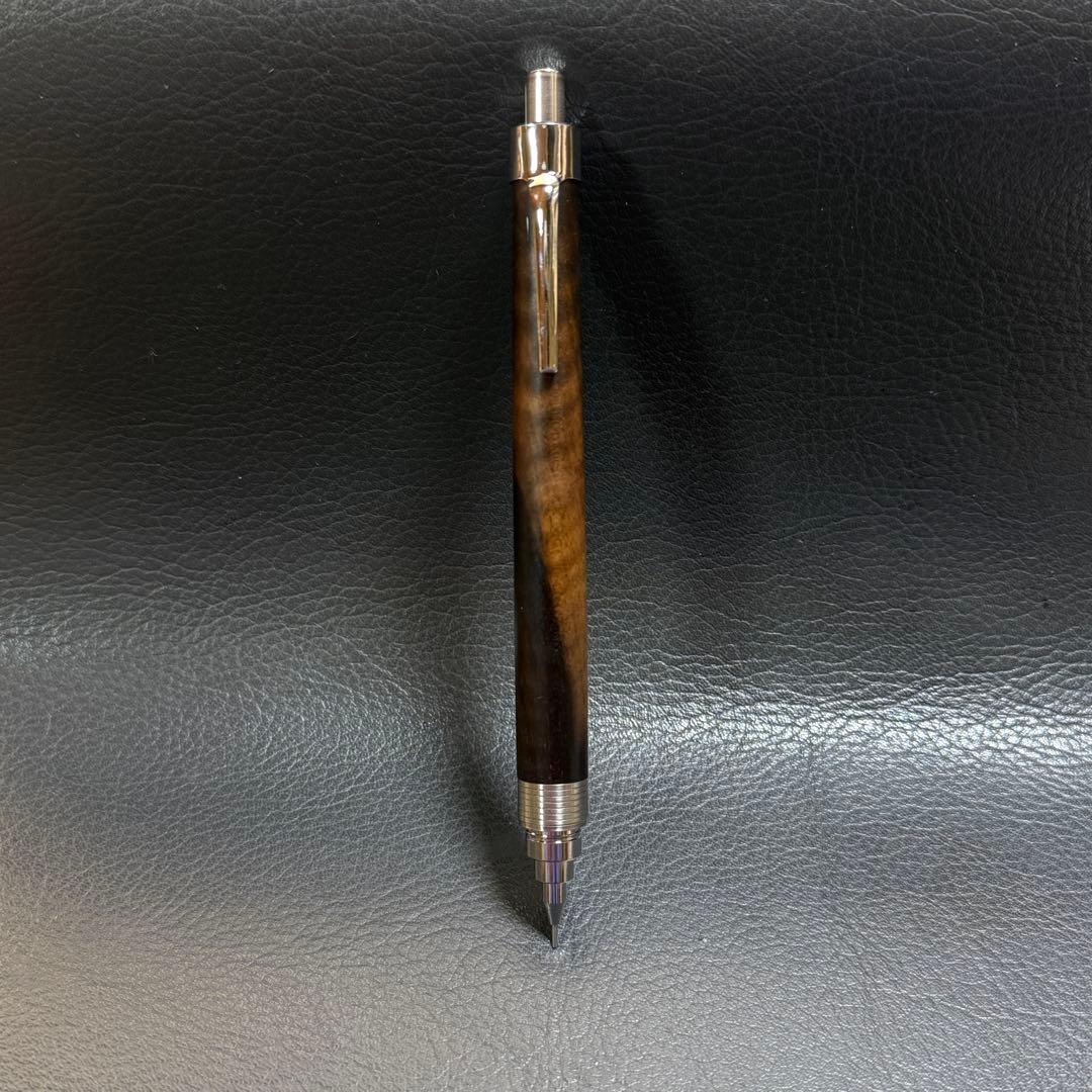 207黒柿縮杢　木製シャーペン　超低重心(溝付き) ステンレス