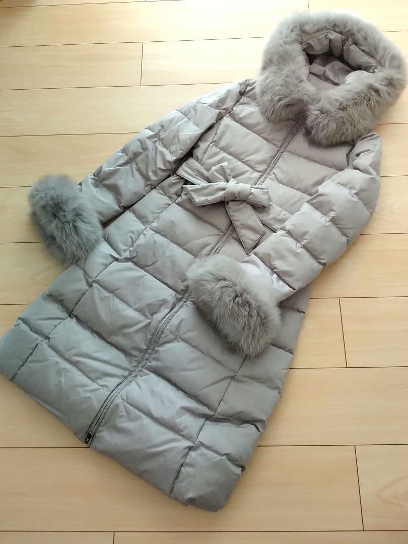 フォックスファー ロングダウンコート S グレー