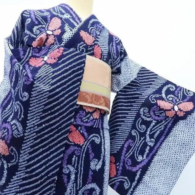 専用Y3231◆美品 綿 有松鳴海絞り 背・胸当付 手縫い仕立て 蝶 高級浴衣