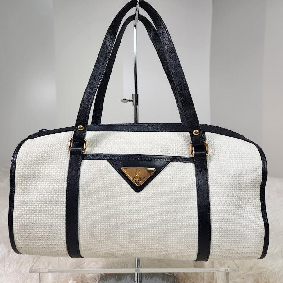 【希少】イヴサンローラン ハンドバッグ 三角ロゴ ホワイト 筒形