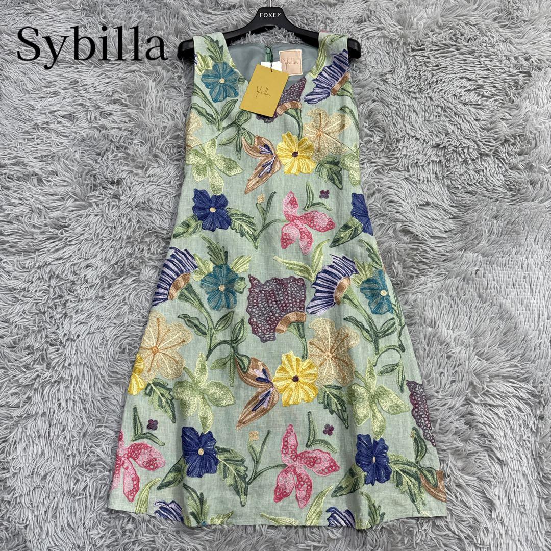 未使用✨希少✨シビラ フラワー刺繍フレアワンピース リネン 総柄 ノースリーブ