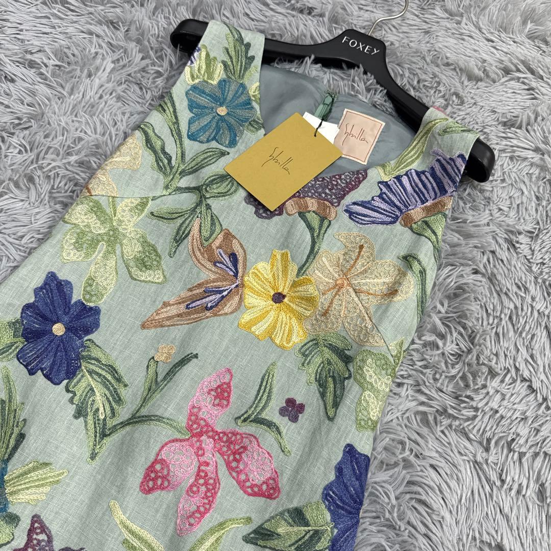 未使用✨希少✨シビラ フラワー刺繍フレアワンピース リネン 総柄 ノースリーブ