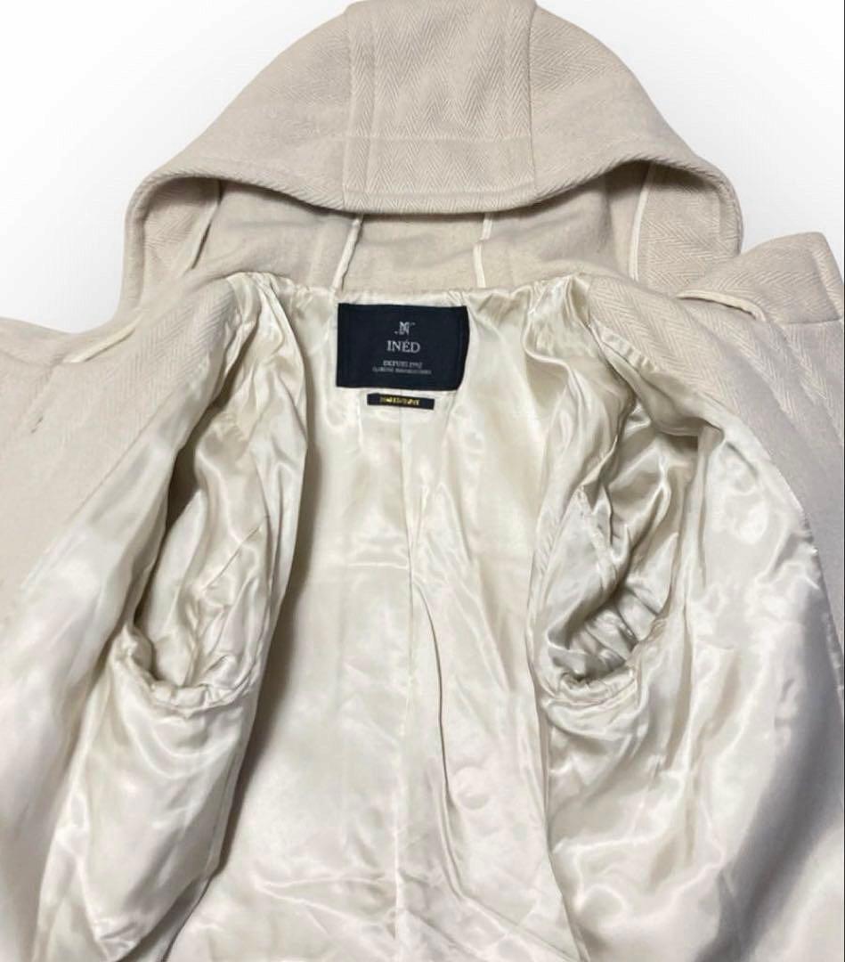 美品✨INED ヘリンボーン L ダッフルコート アイボリー ロング ウール