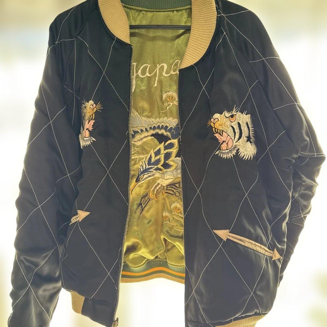 そうスカジャン オリーブグリーン ピンク刺繍