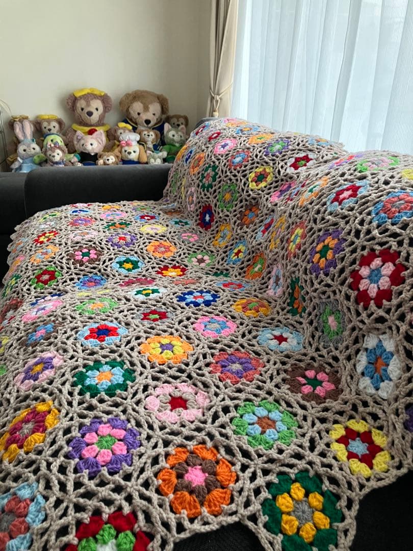 ベッドカバー　ソファーカバー　マルチカバー　手編み　ハンドメイド　モチーフ編み