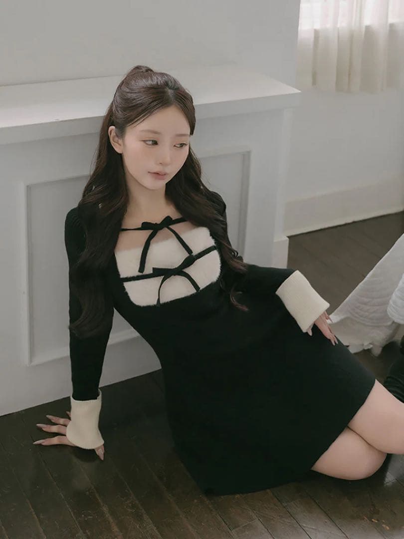 リボンファーフレアニットミニワンピース　ダーリッチ darich F