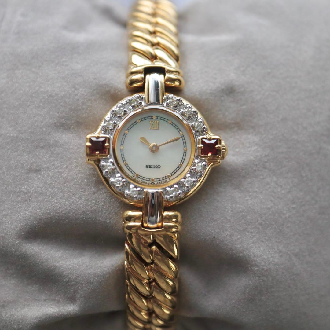 SEIKO エクセリーヌ ダイヤベゼル 2Pルビー シェル文字盤 時計 1392