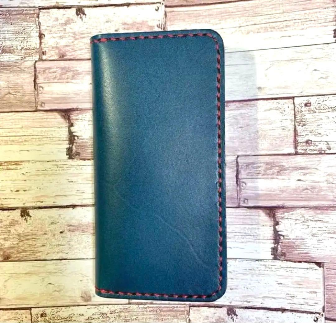 2枚ポケット付き　栃木レザー　ネイビー　iPhoneケース　　本革　手帳型