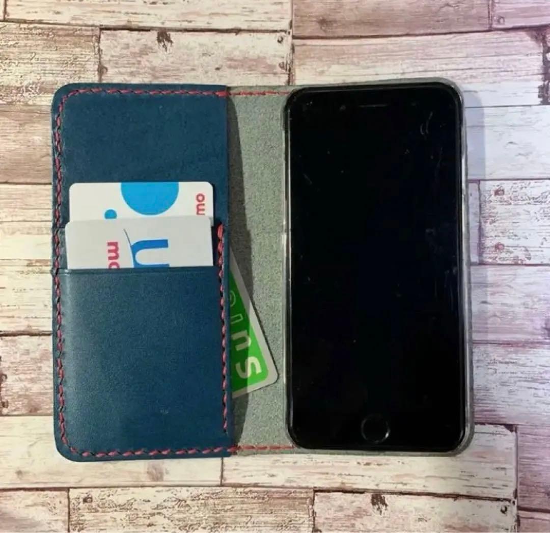 2枚ポケット付き　栃木レザー　ネイビー　iPhoneケース　　本革　手帳型