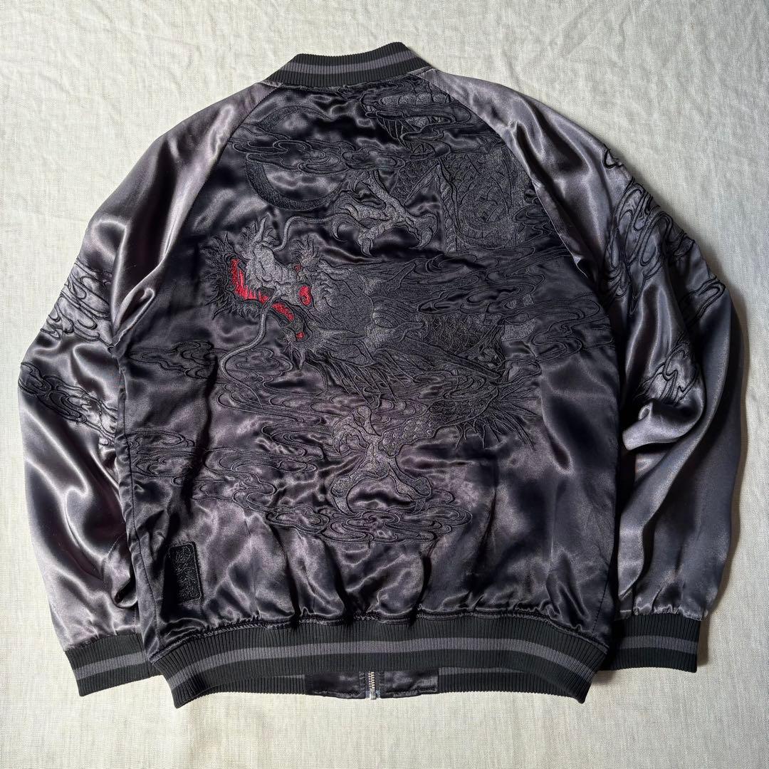 絡繰魂 URUSHI 漆黒 龍 三日月 刺繍 ブラック リバーシブル スカジャン