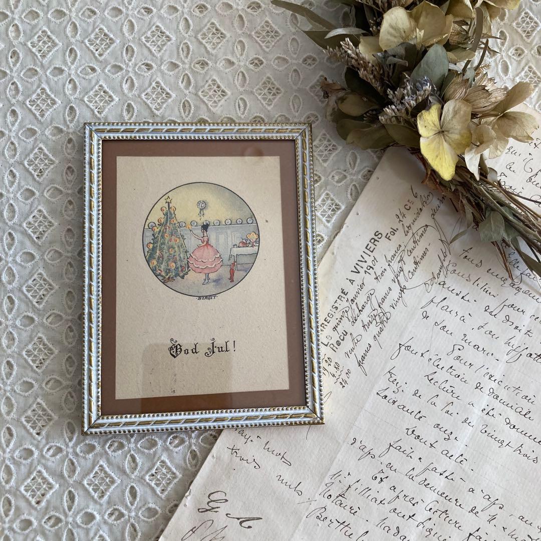 アンティークフレーム（BIRGITのミニカード/ツリーを飾る女の子とトムテ♪）