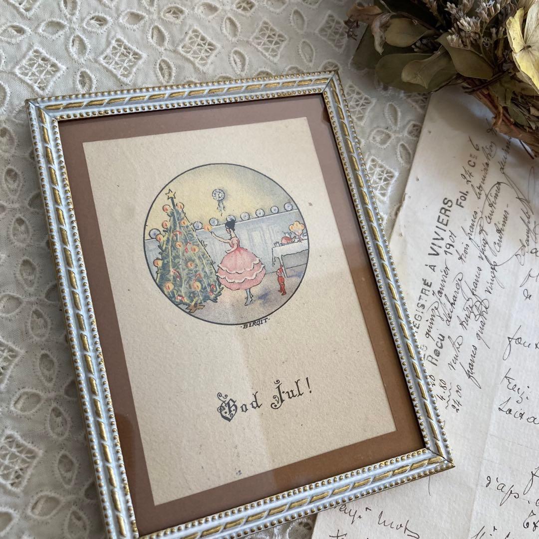 アンティークフレーム（BIRGITのミニカード/ツリーを飾る女の子とトムテ♪）
