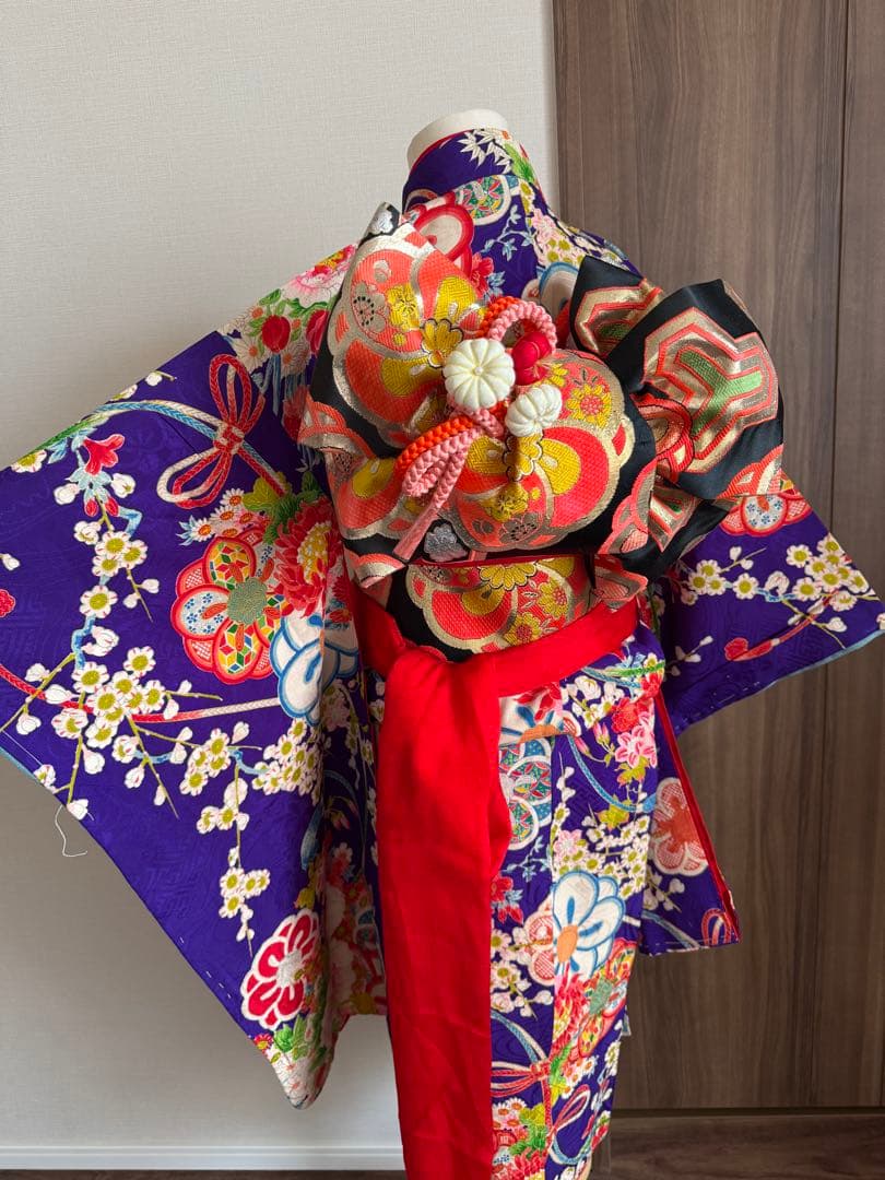 七五三に★正絹青紫色に八重梅　四季花々　五歳、七歳の着物セット