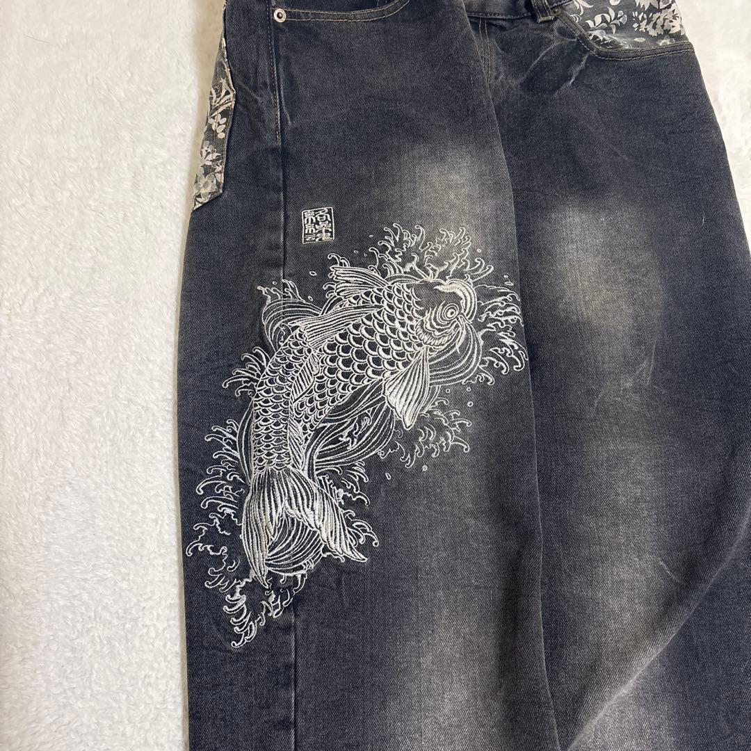 絡繰魂 Karakuri ブラックデニム W32 鯉刺繍 シルバー 5連ポケット