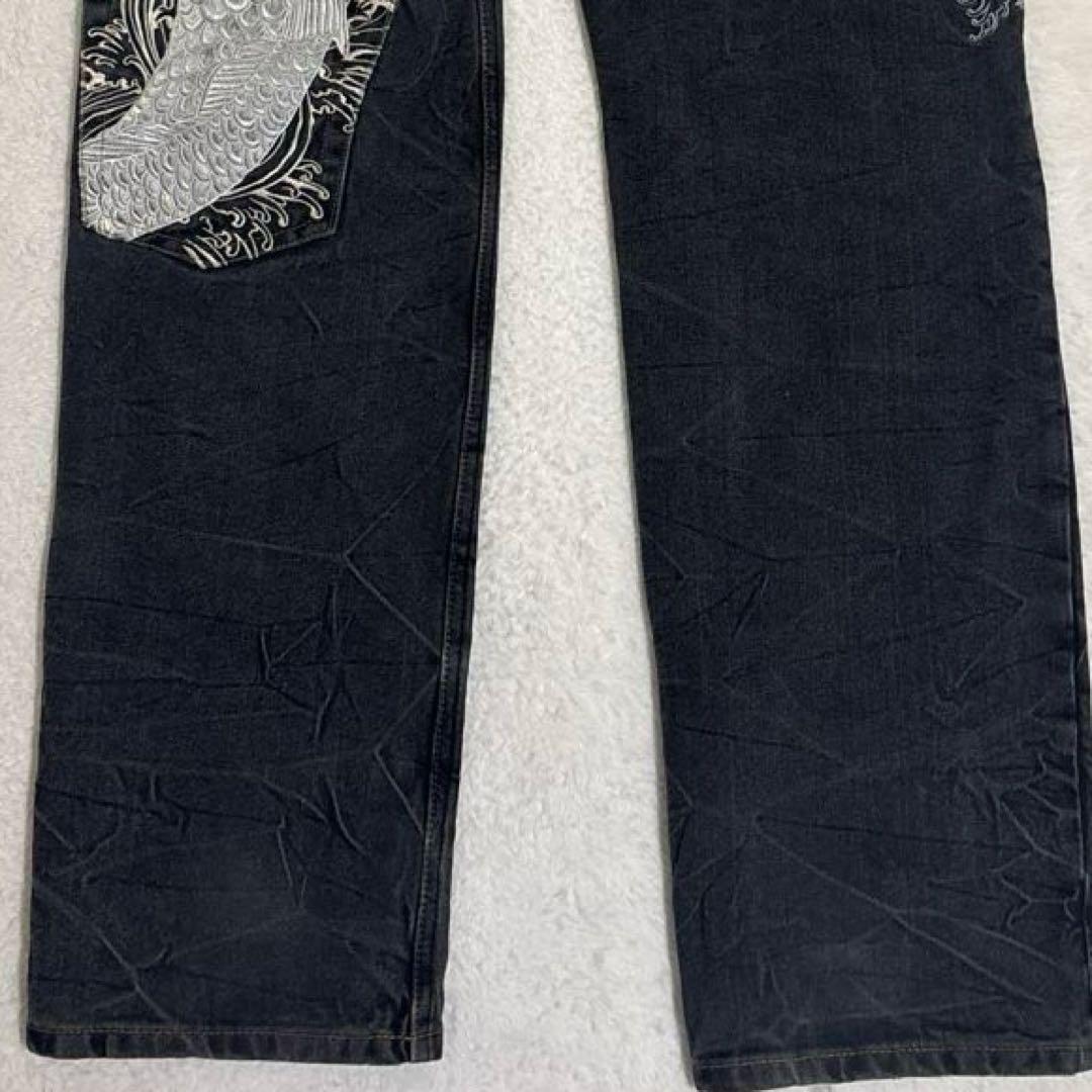 絡繰魂 Karakuri ブラックデニム W32 鯉刺繍 シルバー 5連ポケット