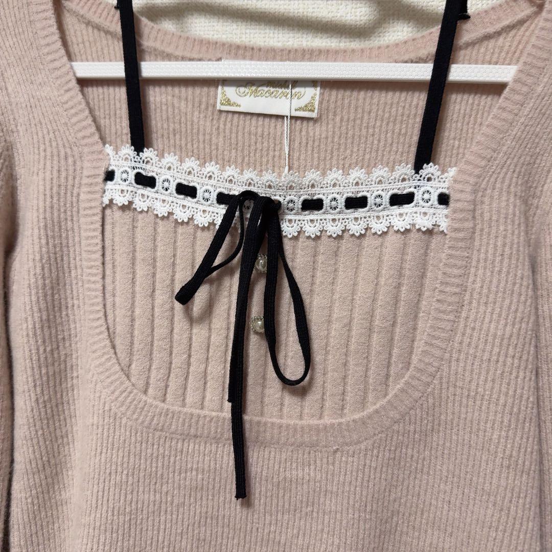 ミシェルマカロン　リボンリブニットトップス　ピンク　フリーサイズ