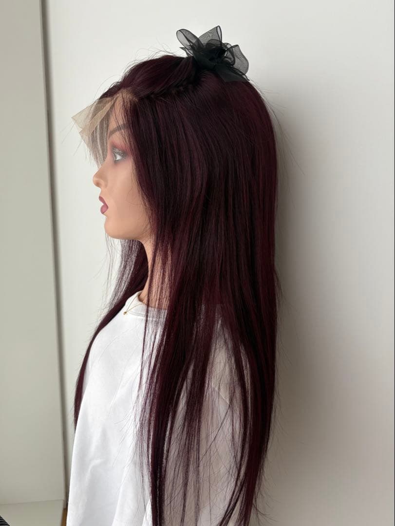 【新品】人毛100%フルウィッグ｜カシスレッド｜耳かけ・自然なもみあげ｜ロング