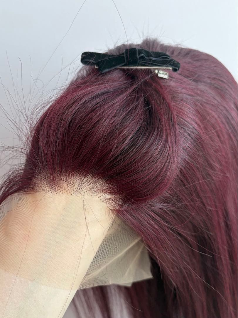 【新品】人毛100%フルウィッグ｜カシスレッド｜耳かけ・自然なもみあげ｜ロング